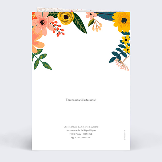 Carte félicitations mariage Bouquet Printanier Verso