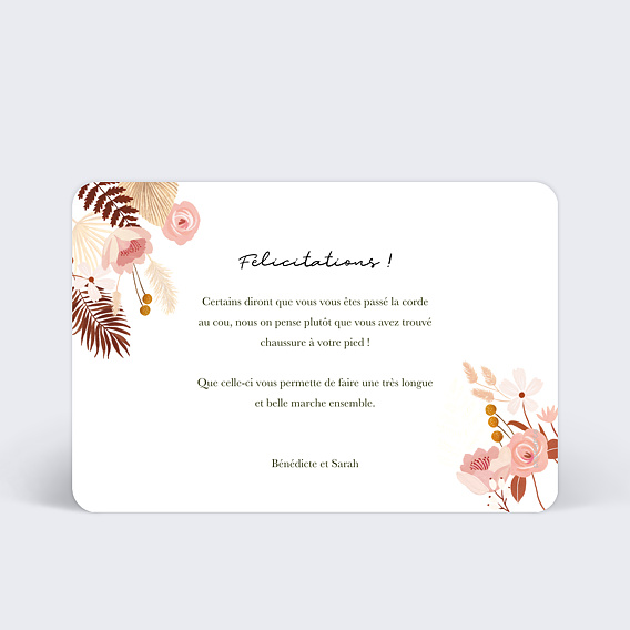 Carte félicitations mariage Printemps Bohème Verso