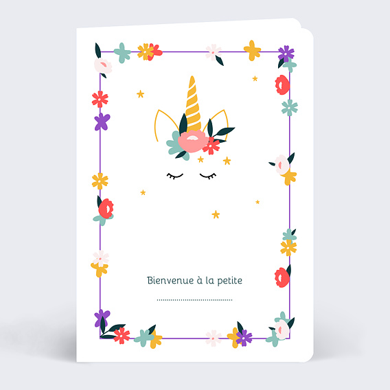 Carte félicitations naissance Licorne et Fleurs