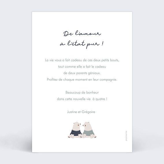 Carte félicitation naissance Jumeaux Oursons Verso