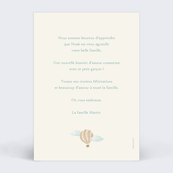 Carte félicitation naissance Montgolfière Vintage Verso