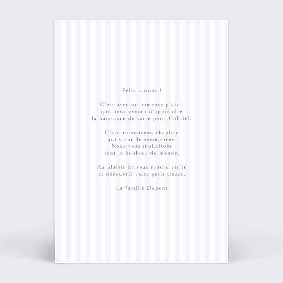 Carte félicitation naissance Ourson Rayé Verso