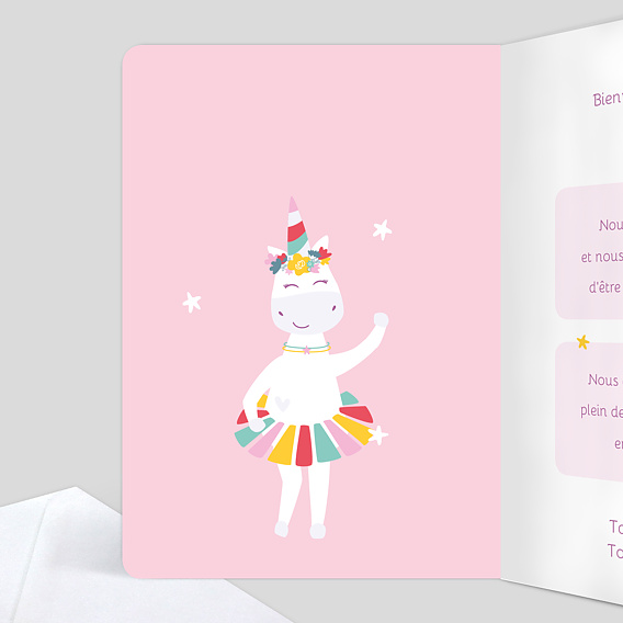 Carte félicitation naissance Licorne Arc en Ciel Intérieur Gauche