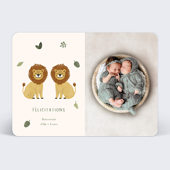 Carte félicitation naissance Petits Lions Jumeaux