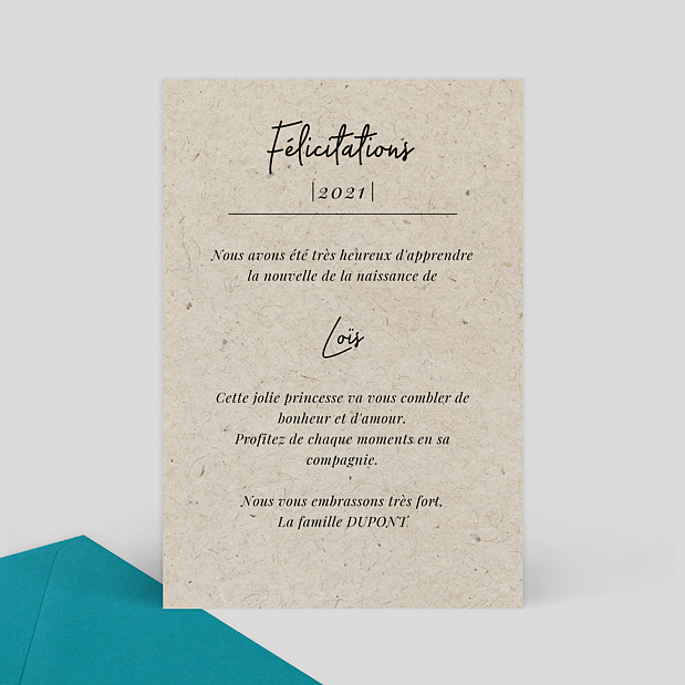 Carte de félicitations naissance Esprit Chiné Verso