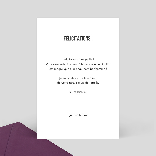 Carte de félicitations Naissance Typo Bienvenue Verso