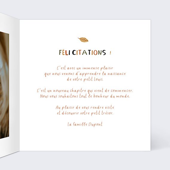 Carte félicitation naissance Renard Automne Intérieur Droit