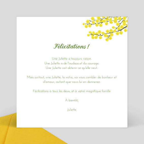 Carte félicitation naissance Mimosa Verso