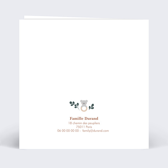 Carte félicitation naissance Hochet Koala Verso