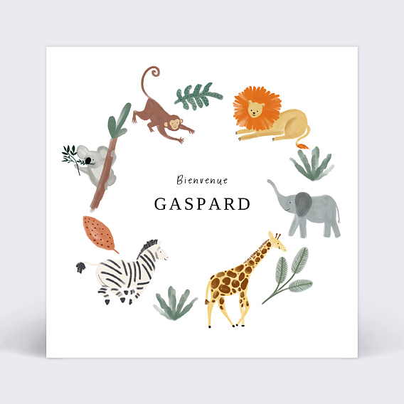 Carte félicitation naissance Couronne Jungle Recto