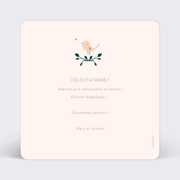 Carte de félicitations naissance couronne de fleurs Verso