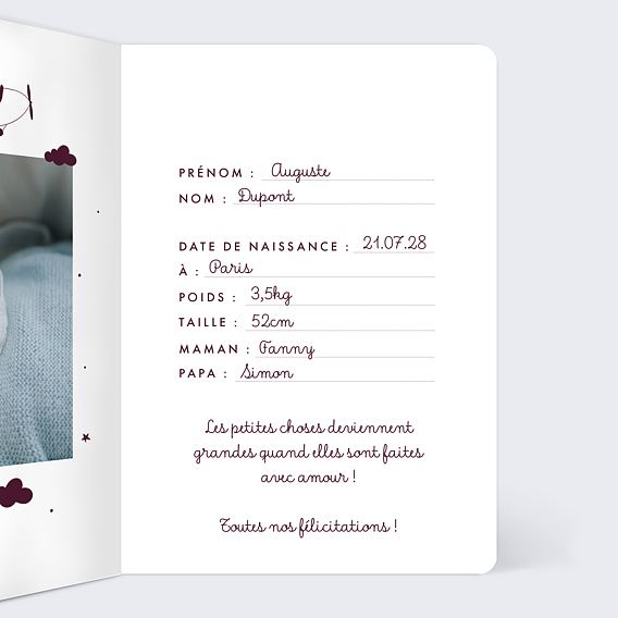 Carte félicitation naissance Passeport Intérieur Droit