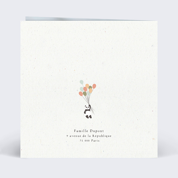 Carte félicitation naissance Panda ballons Verso