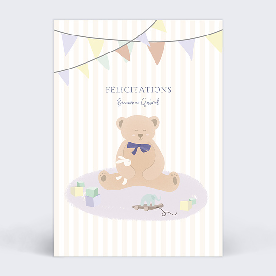 Carte félicitation naissance Ourson Rayé Recto