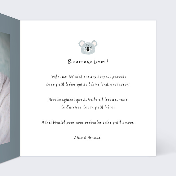 Carte félicitation naissance Koala Intérieur Droit