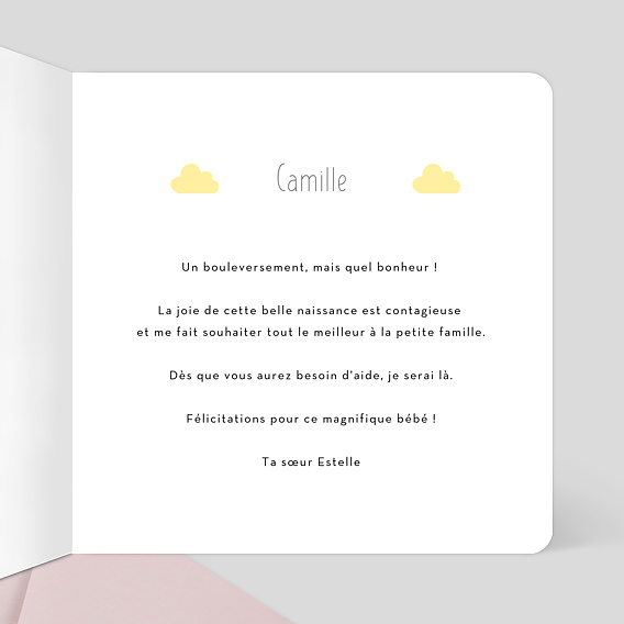Carte félicitation naissance Nuages Doux Intérieur Droit