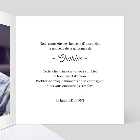 Carte félicitation naissance Tirets Nounours Intérieur Droit