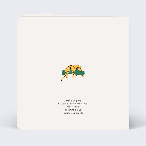 Carte félicitation naissance Jungle Secrète Verso