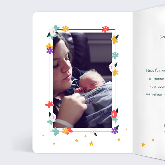 Carte félicitation naissance Licorne et Fleurs Intérieur Gauche