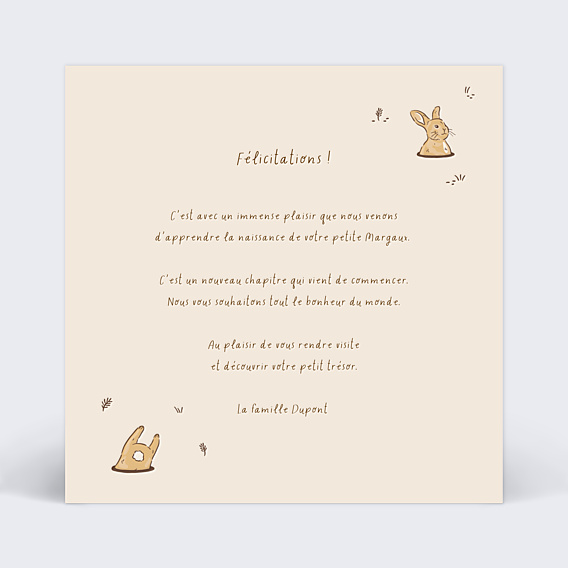 Félicitations Naissance Lapin dans son Terrier