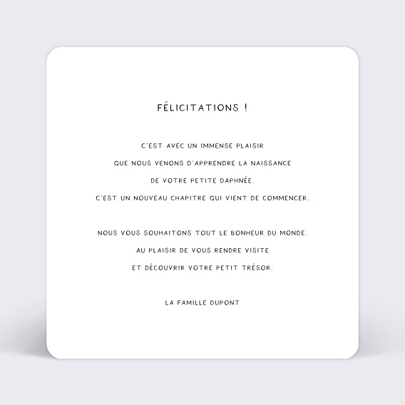 Carte félicitation naissance Animaux Sauvages Verso