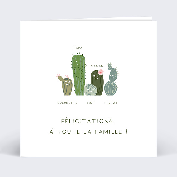 Carte félicitation naissance Famille Cactus Recto