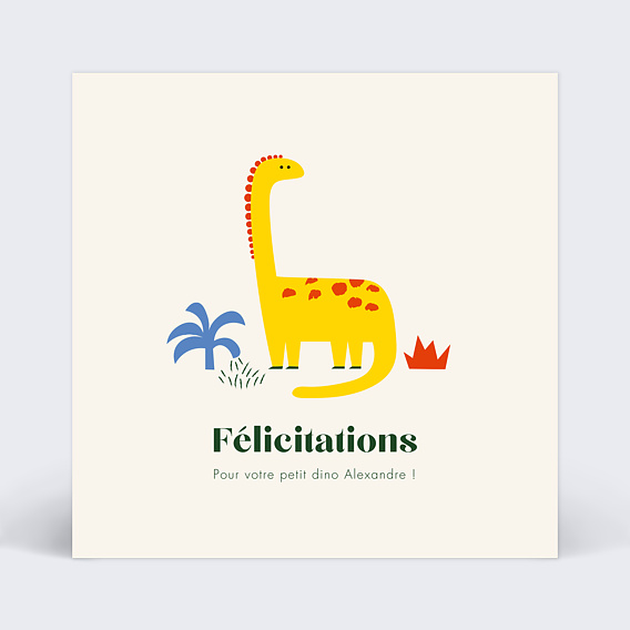 Carte félicitation naissance Dinosaure Jaune Recto