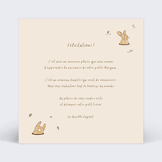 Carte félicitation naissance Lapin dans son Terrier Verso