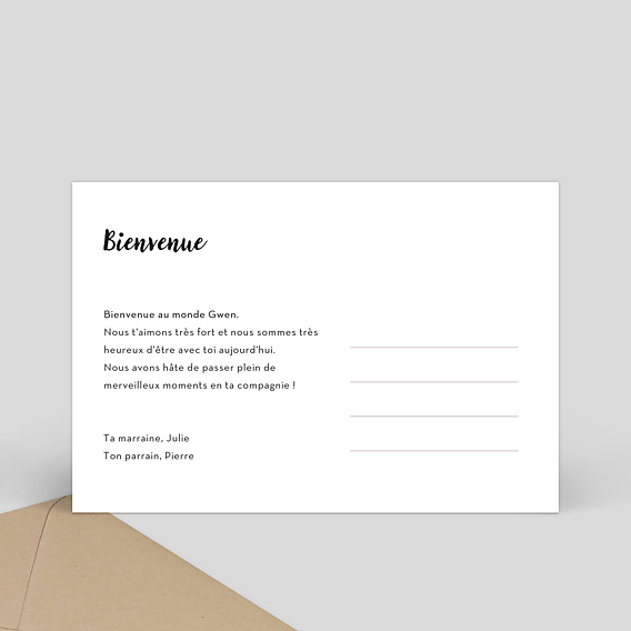 Carte félicitation naissance Cadre Blanc avec Coeur Verso