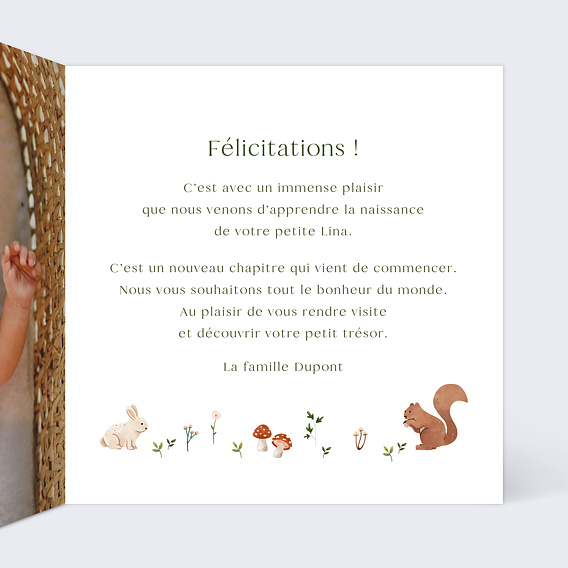 Carte félicitation naissance Lettrine Foret Intérieur Droit