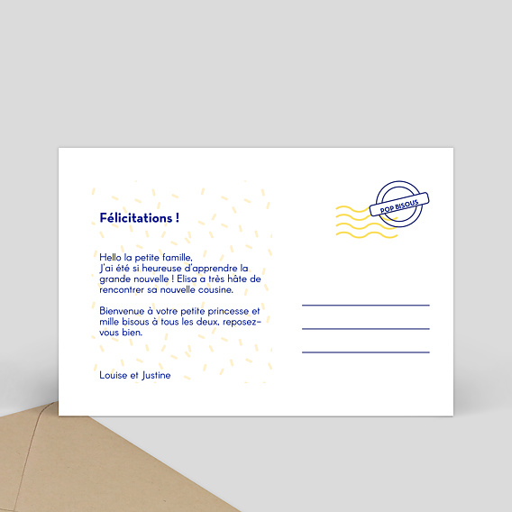 Carte félicitation naissance Bisous Verso