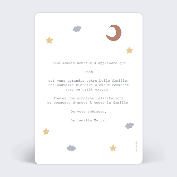 Carte félicitation naissance Mobile Nuage Verso