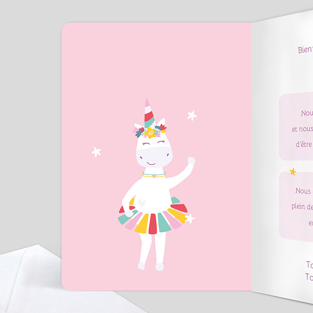 Carte de félicitations naissance Licorne arc en ciel Intérieur Gauche