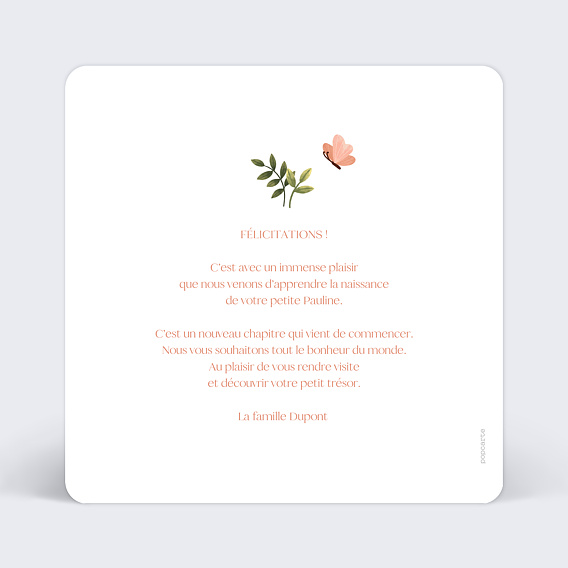 Carte félicitation naissance Papillon Rose Verso