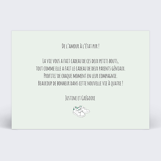 Carte félicitation naissance Famille Baskets Verso