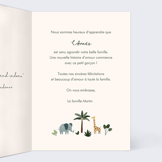 Carte félicitation naissance Petite Jungle Intérieur Droit