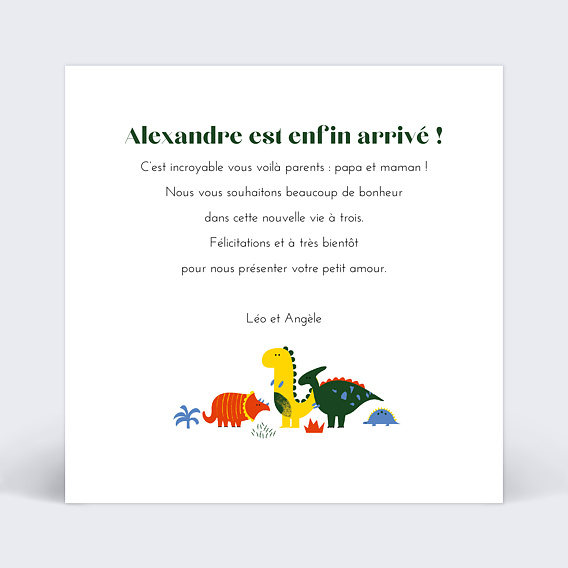 Carte félicitation naissance Dinosaure Jaune Verso