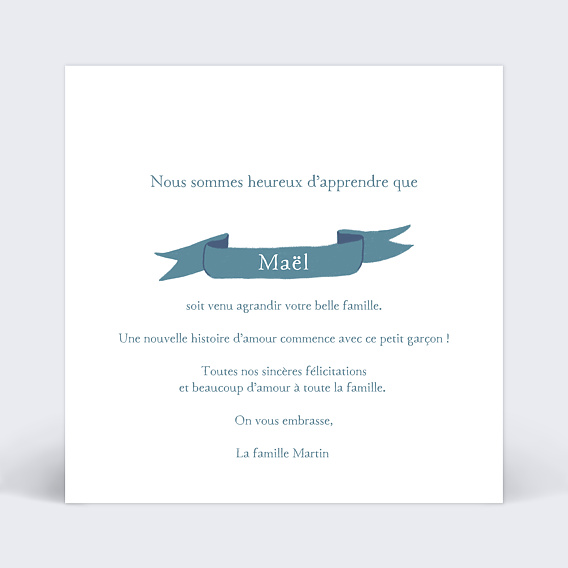 Carte félicitation naissance Jouet Garçon Verso