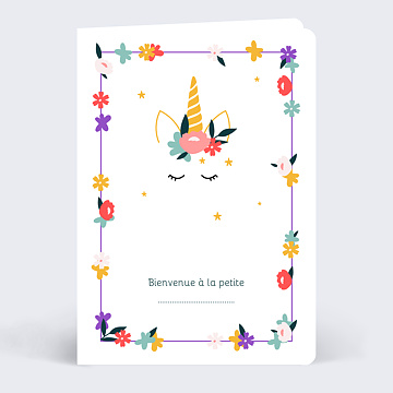 Carte félicitations naissance Licorne et Fleurs