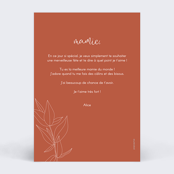 Carte fête des grands-mères Fleur Terracotta Verso