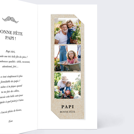Carte fête des grands-pères Papi moustache Intérieur Droit