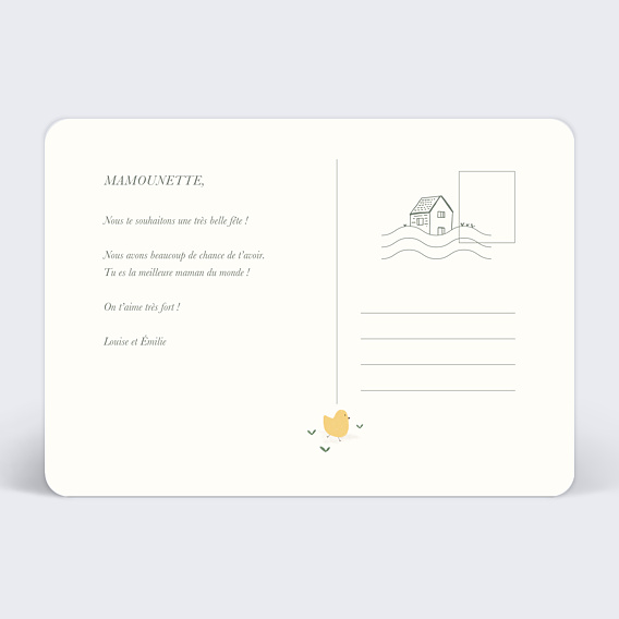 Carte fête des mères Une Maman Poule Verso