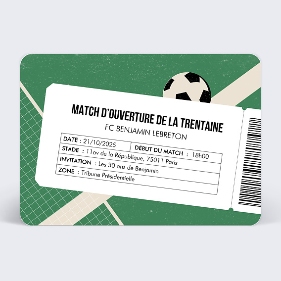 Invitation Anniversaire Adulte Billet de Foot - Popcarte