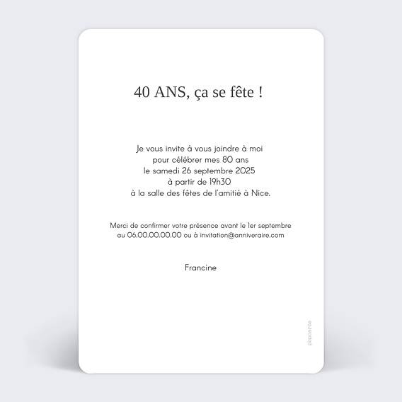 Invitation anniversaire Typographie Âge Verso