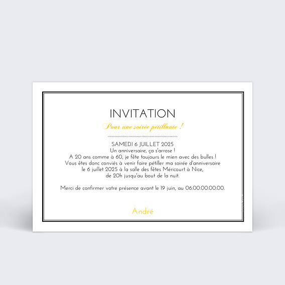 Invitation anniversaire Champagne Verso