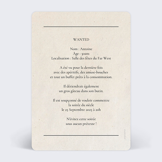 Invitation anniversaire Affiche wanted moderne Verso