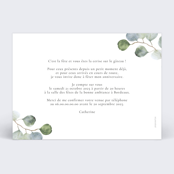 Invitation anniversaire Branche d'eucalyptus Verso