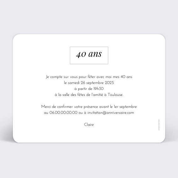 Invitation anniversaire Etiquette Verso