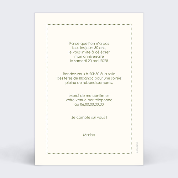 Invitation anniversaire Grands chiffres petite photo Verso