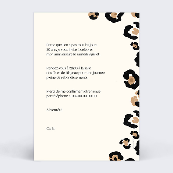 Invitation anniversaire Imprimé animal Verso